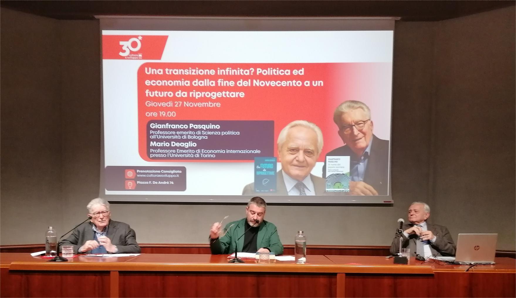 Politica, economia e un futuro da riprogettare: Pasquino e Deaglio al trentennale di Cultura e Sviluppo