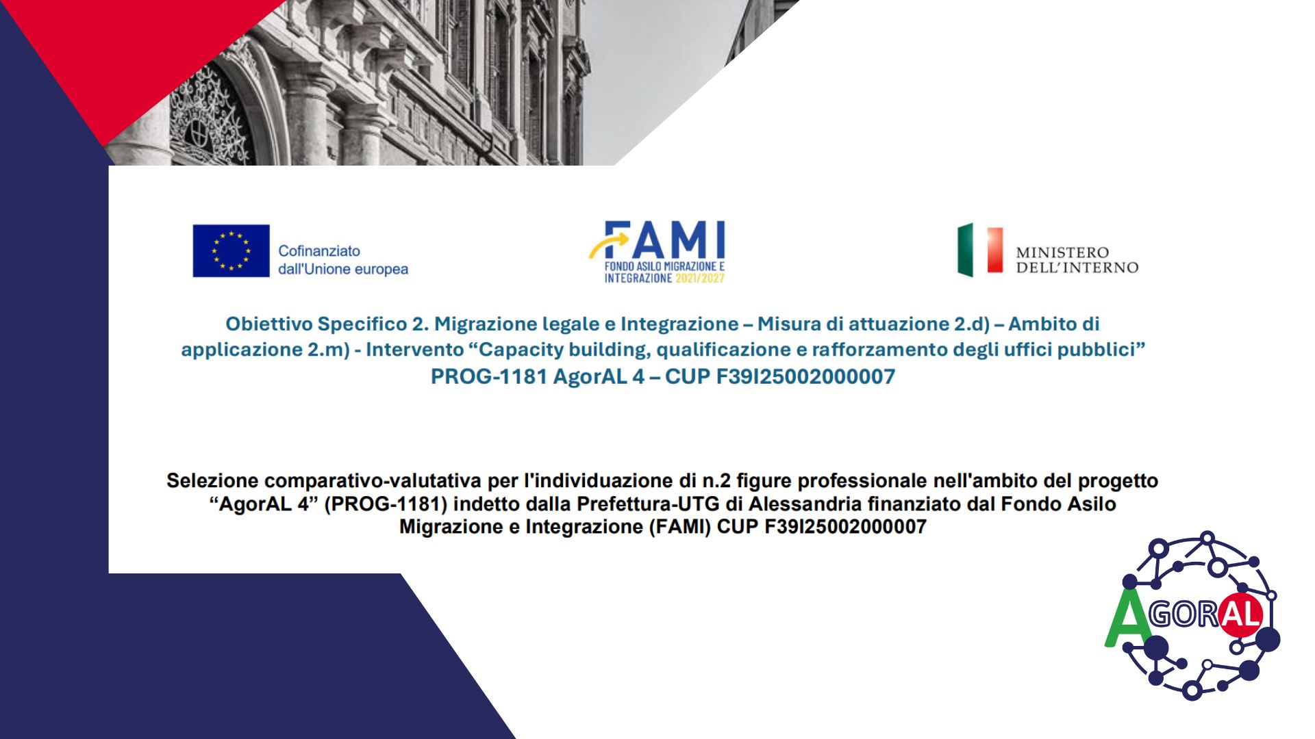 Selezione personale – Progetto FAMI “AgorAL 4”: 2 posizioni part-time presso la Prefettura di Alessandria